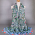 Мода новое поступление большой цветочный узор печать шарф mecerized хлопок платок с кисточкой